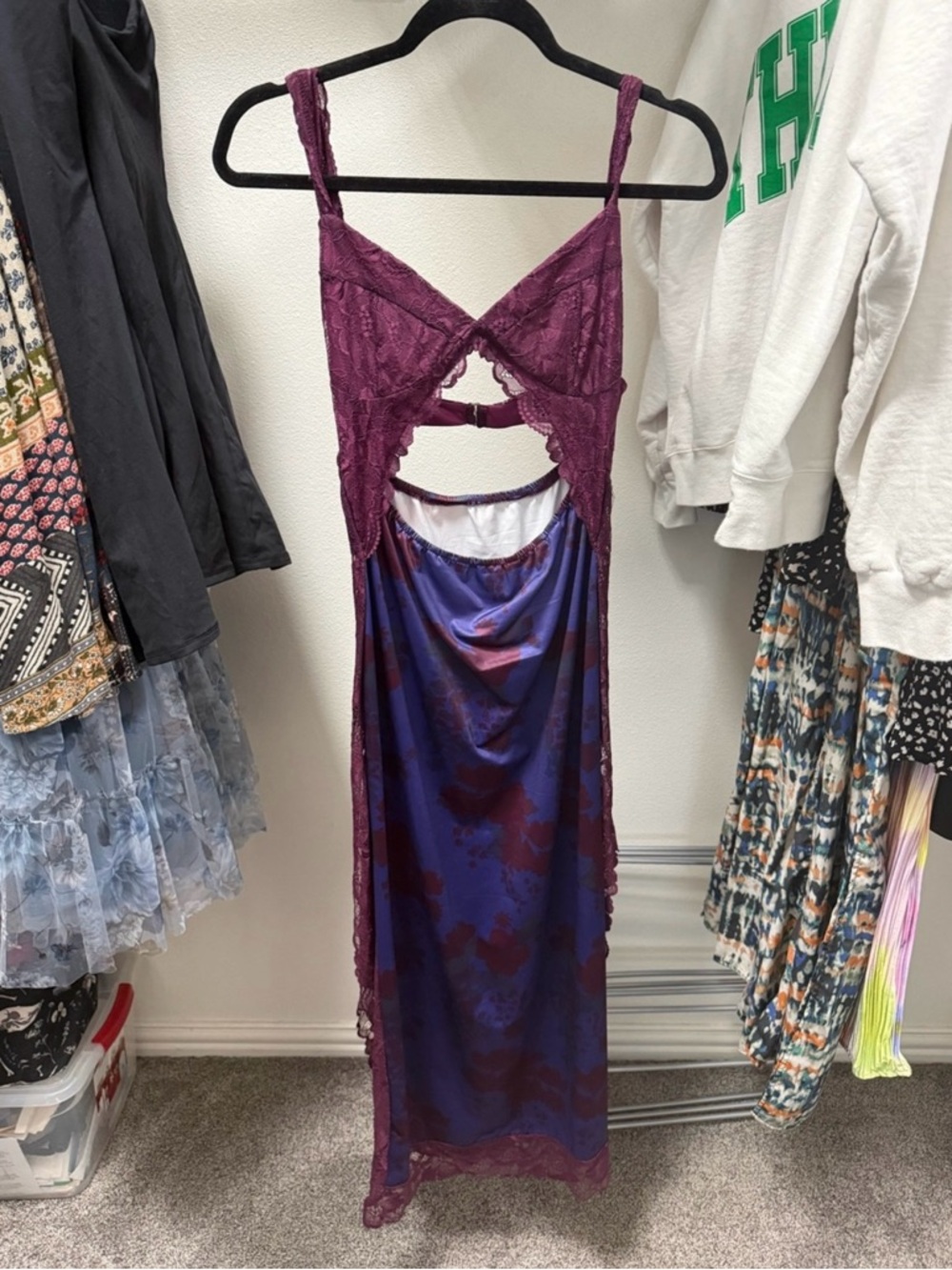 Amazon free people dupe Purple Lace & Blue Satin Maxi Dress with Cutout